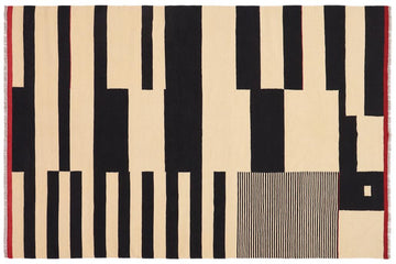 Flat Weave Kilim, Antique, Navaho, Vintage, Handmade, Modern Kilim Beige Black Hand-Woven Rectangle 100% Wool Area Rug 7 x 10